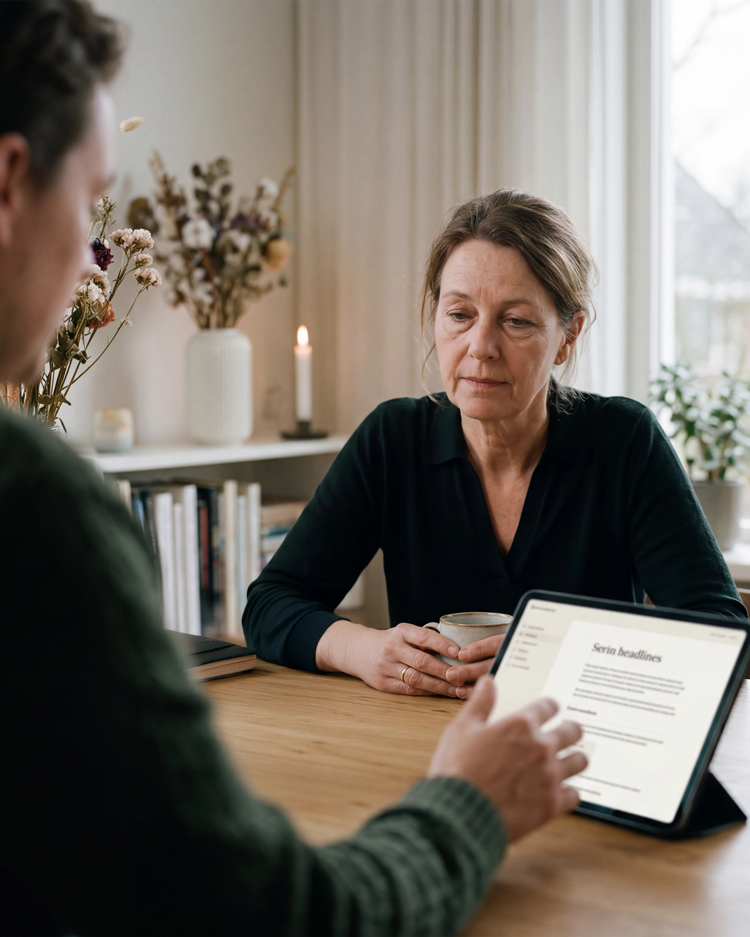 Een uitvaartverzorger in een rustig, warm gesprek met een nabestaande